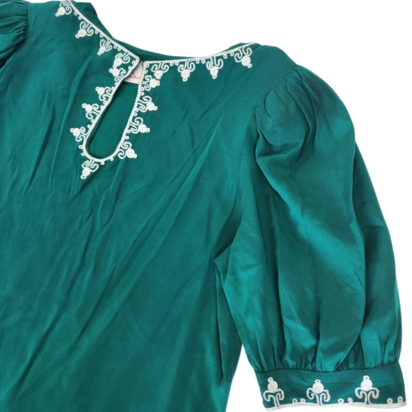 Miss D By Oscar de la Renta Emerald Silk Blouse White Embroidery Vintage 8 - Picture 3 of 12